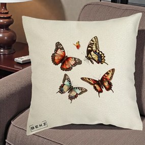 Perna Decorativa Colectie Fluturi Multicolori, 40x40 cm, Ecru, Husa Detasabila, Perna Inclusa, BEKZ®