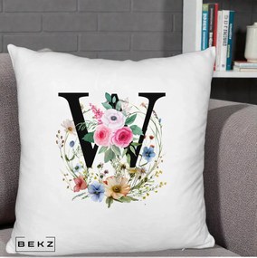 Cadou Personalizat - Perna Personalizata Monograma Florala Litera W, 40x40 cm, Alb Pufos, Husa Detasabila, Perna Inclusa, BEKZ®