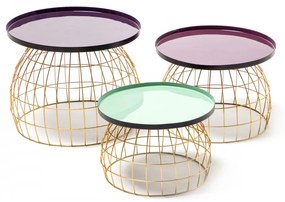 Set 3 masute de cafea rotunde din metal Laudatio 50x50x42 cm mov/lila/verde deschis