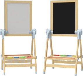 AIYAPLAY Șevalet pentru copii cu tablă dublă pentru cretă și markere, tablă magnetică și tăviță pentru accesorii, rolă de hârtie inclusă, lemn natur | Aosom Romania