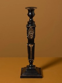 Set 2 sfeșnice din aluminiu și alamă cu motive de palmier și flori sculptate, negru-auriu-verde, finisaj patinat, 30×10 cm, „Empire"