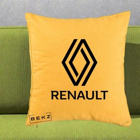 Perna Personalizata cu emblema Renault, 40x40 cm, Galben, Husa Detasabila, Perna Inclusa, BEKZ®