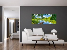 Tablou cu râu de vară și barcă (120x50 cm)