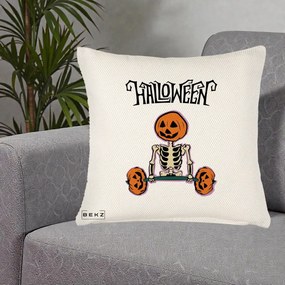 Perna Decorativa Halloween Schelet cu Cap de Dovleac Powerlifting, 40x40 cm, Crem Reliefat, Husa Detasabila, Perna Inclusa, BEKZ®