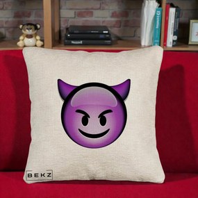 Perna Decorativa Emoji Diavol Mov, 40x40 cm, Bej Canapea, Husa Detasabila, Perna Inclusa, BEKZ®