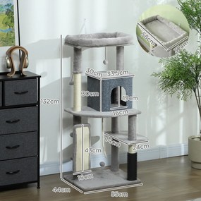 PawHut Ansamblu de Joacă pentru Pisici Multinivel Înalt 132 cm cu Căsuță, Culcuș, Stâlpi de Zgâriat, Perie și Minge, Gri | Aosom Romania