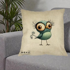 Perna Decorativa Pasare Teal cu Gene si Coada Spiralata, 40x40 cm, Crem, Husa Detasabila, Perna Inclusa, BEKZ®