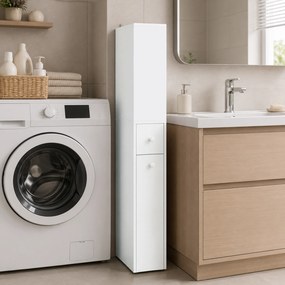 HOMCOM Dulap Baie Slim cu Organizator Glisant pe Roți, Sertar și Raft Reglabil, MDF, 18 x 40 x 135 Cm, Alb | Aosom Romania