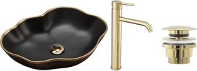 Set lavoar pe blat Rea Pearl negru-auriu + baterie Lungo + ventil Click-Clack universal