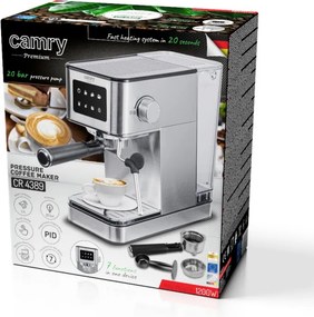 Aparat de espresso 7-în-1 Camry CR 4389, 1200 W, 20 bar, 1,7 l, control PID, panou LCD tactil, încălzire cești, extracție la rece, oțel inoxidabil