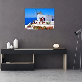 Tablou pe sticlă - Casă mică în Grecia (70x50 cm)