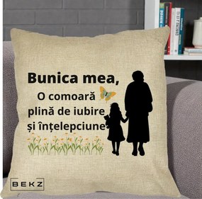 Cadou pentru Bunica - Perna Personalizata Bunica Mea Comoara Iubire Intelepciune Varianta Extinsa, 40x40 cm, Crem, Husa Detasabila, Perna Inclusa, BEKZ®
