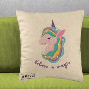 Perna Decorativa Unicorn Believe in Magic, 40x40 cm, Bej, Husa Detasabila, Perna Inclusa, BEKZ®