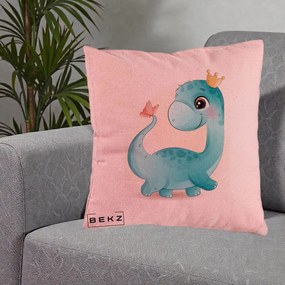 Perna Personalizata Dinozaur Bland Coroana Kawaii, 40x40 cm, Roz, Husa Detasabila, Perna Inclusa, BEKZ®