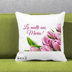 Cadou de Onomastica - Perna Personalizata La Multi Ani Maria Lalele, 40x40 cm, Alba Mata, Husa Detasabila, Perna Inclusa, BEKZ®