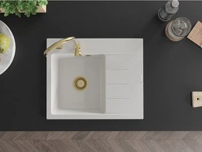 Mexen Ben chiuvetă de granit cu 1 cuvă și scurgător, stânga 600 x 500 mm, albă, sifon auriu - 6522605000-20-G