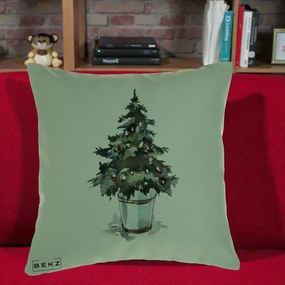 Perna Decorativa Brad in Galeata Watercolor, 40x40 cm, Verde, Husa Detasabila, Perna Inclusa, BEKZ®