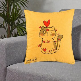 Perna Decorativa Pisica Kawaii cu Inimi, 40x40 cm, Galben, Husa Detasabila, Perna Inclusa, BEKZ®