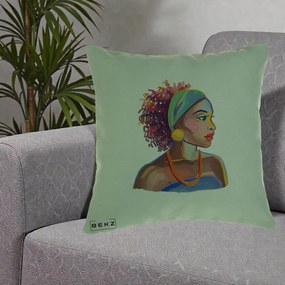 Perna Decorativa Portret Femeie Urbana Acuarela, 40x40 cm, Verde, Husa Detasabila, Perna Inclusa, BEKZ®