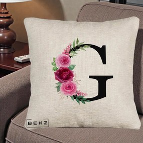 Cadou Personalizat - Perna Personalizata Monograma Florala Litera G, 40x40 cm, Bej Canapea, Husa Detasabila, Perna Inclusa, BEKZ®