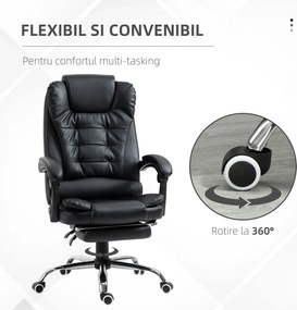 HOMCOM Scaun Birou din Piele Artificială Neagră Înălțime Reglabilă Spătar Rabatabil 64.5x69x127cm | Aosom Romania