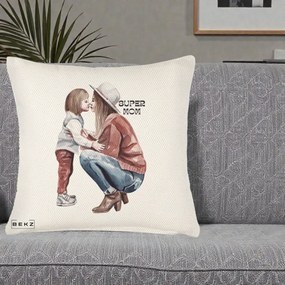 Cadou pentru Mama - Perna Personalizata Super Mom Acuarela, 40x40 cm, Crem Reliefat, Husa Detasabila, Perna Inclusa, BEKZ®