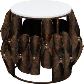 Măsuță laterală rotundă din metal, maro, cu blat din marmură albă și bază din petale de metal, finisaj patinat, 52 x 62 cm, „Ondralis”