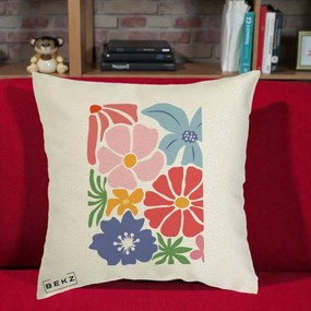 Perna Decorativa Flori Grafice Roz-Rosu-Albastru, 40x40 cm, Ecru, Husa Detasabila, Perna Inclusa, BEKZ®