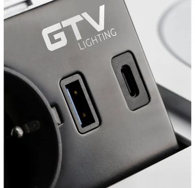 Priza incorporabila dreptunghiulara, 1 priza schuko, 2 USB A, cablu 1.5 m, alba, incarcare wireless, GTV