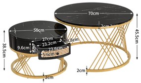 Set de 2 Măsuțe de Cafea Rotunde cu Blat cu Efect de Marmură și Sertare din Ratan Sintetic, Picioare din Fier, 70x70x45,5 cm + 50x50x38,5 cm, Negru