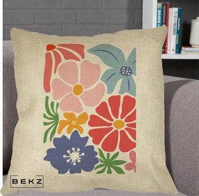 Perna Decorativa Flori Grafice Roz-Rosu-Albastru, 40x40 cm, Crem, Husa Detasabila, Perna Inclusa, BEKZ®
