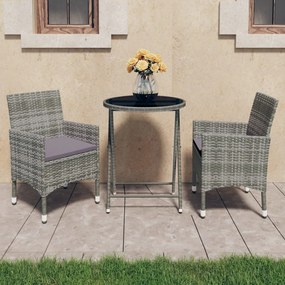 3058379 vidaXL Set mobilier bistro grădină, 3 piese, gri, poliratan și sticlă