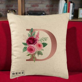 Cadou Personalizat - Perna Personalizata Monograma Rose Gold Litera D, 40x40 cm, Bej, Husa Detasabila, Perna Inclusa, BEKZ®