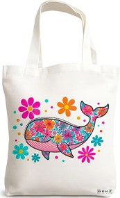 Sacosa de Panza pentru Cumparaturi, Geanta Tote, model Fish Flower, 38 x 34.5 cm, Alba, BEKZ®