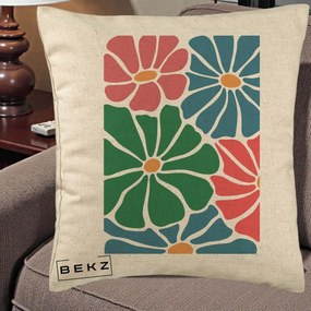 Perna Decorativa Flori Grafice Verde-Roz-Albastru, 40x40 cm, Bej, Husa Detasabila, Perna Inclusa, BEKZ®