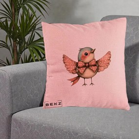 Perna Decorativa Pasare Roz cu Aripi si Fundita, 40x40 cm, Roz, Husa Detasabila, Perna Inclusa, BEKZ®