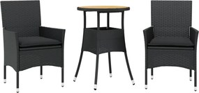 vidaXL Set mobilier grădină perne 3 piese negru poliratan/lemn acacia
