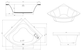 Cada baie pe colt Gala Trevo, 135 x 135 cm, asimetrica, alb lucios