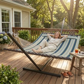 Outsunny Hamac pe cadru 353 cm, hamac cu suport din oțel cu pernă detașabilă și bare de distanțare, vert | Aosom Romania