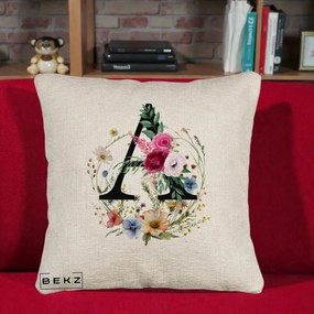 Cadou Personalizat - Perna Personalizata Monogram Litera A cu Flori Acuarela, 40x40 cm, Bej Canapea, Husa Detasabila, Perna Inclusa, BEKZ®