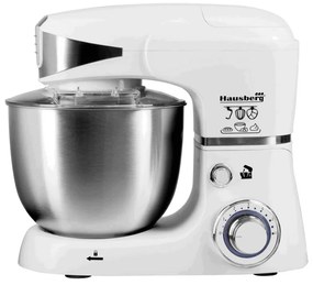 Robot de bucatarie cu bol din otel Hausberg HB-7605AB, 1000W, 5 L, 6 viteze, LED, Blender, Mixer, Masină de tocat carne, Alb