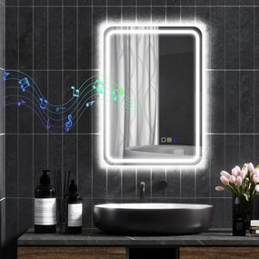 HOMCOM Oglindă de Baie Bluetooth LED 50 x 70 cm cu Anticeață - Argintiu | Aosom Romania
