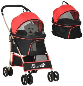 PawHut Cărucior pentru Câini Pliabil și Convertibil în Geantă de Transport cu 2 Lese și Pernă, 82x49.5x98 cm, Roșu | Aosom Romania