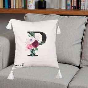 Cadou Personalizat - Perna Personalizata Monograma Florala Litera P, 40x40 cm, Bej cu Franjuri, Husa Detasabila, Perna Inclusa, BEKZ®