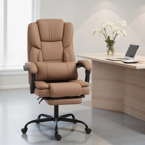 Scaun de birou ergonomic HOMCOM reclinabil 140° cu reposapiede și pernă, scaun de birou din piele ecologică anti-zgârieturi, ușor de curățat, brațe îmbunătățite, pivotant și reglabil pe înălțime, maro | Aosom Romania
