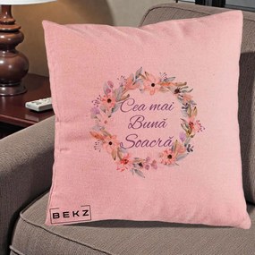 Cadou pentru Soacra - Perna Personalizata Cea mai Buna Soacra cu Coronita Flori Boho Pastel, 40x40 cm, Roz, Husa Detasabila, Perna Inclusa, BEKZ®