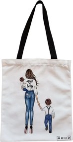 Sacosa de Panza pentru Cumparaturi, Geanta Tote, model Mom of Boys, Cu fermoar, 38x34.5 cm, Alba, BEKZ®