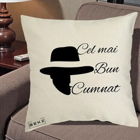 Cadou pentru Cumnat - Perna Personalizata Cel mai Bun Cumnat cu Silueta Palarie, 40x40 cm, Ecru, Husa Detasabila, Perna Inclusa, BEKZ®