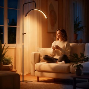 HOMCOM Lampă de Podea LED cu Cap Semilună, Înălțime și Temperatură de Culoare Reglabile, Telecomandă, Negru | Aosom Romania