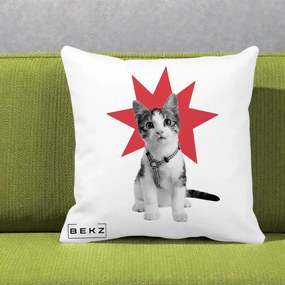 Perna Decorativa Pisica Star Pop Art, 40x40 cm, Alba Mata, Husa Detasabila, Perna Inclusa, BEKZ®